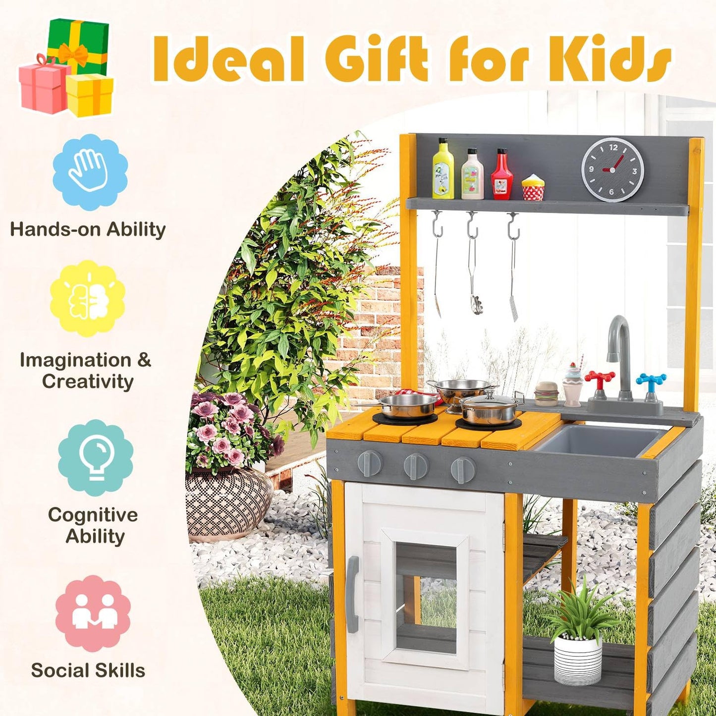 Mud Kitchen for Kids with Stoves Removable Sink and Faucet