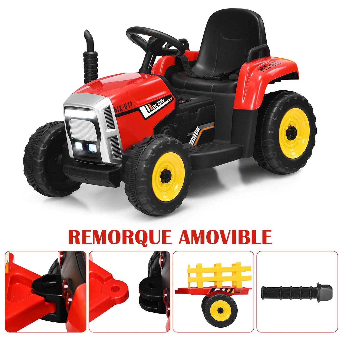12V Kids Ride On Tractor with Trailer Music and LED Lights