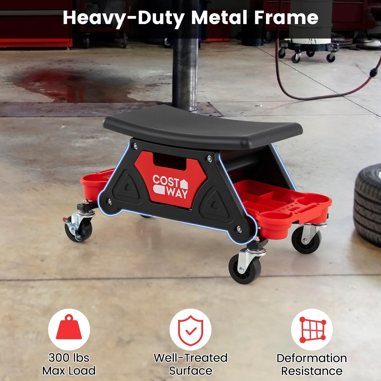 Heavy-Duty Garage Stool on Wheels with Slide Out Drawer and 2 Partition Trays