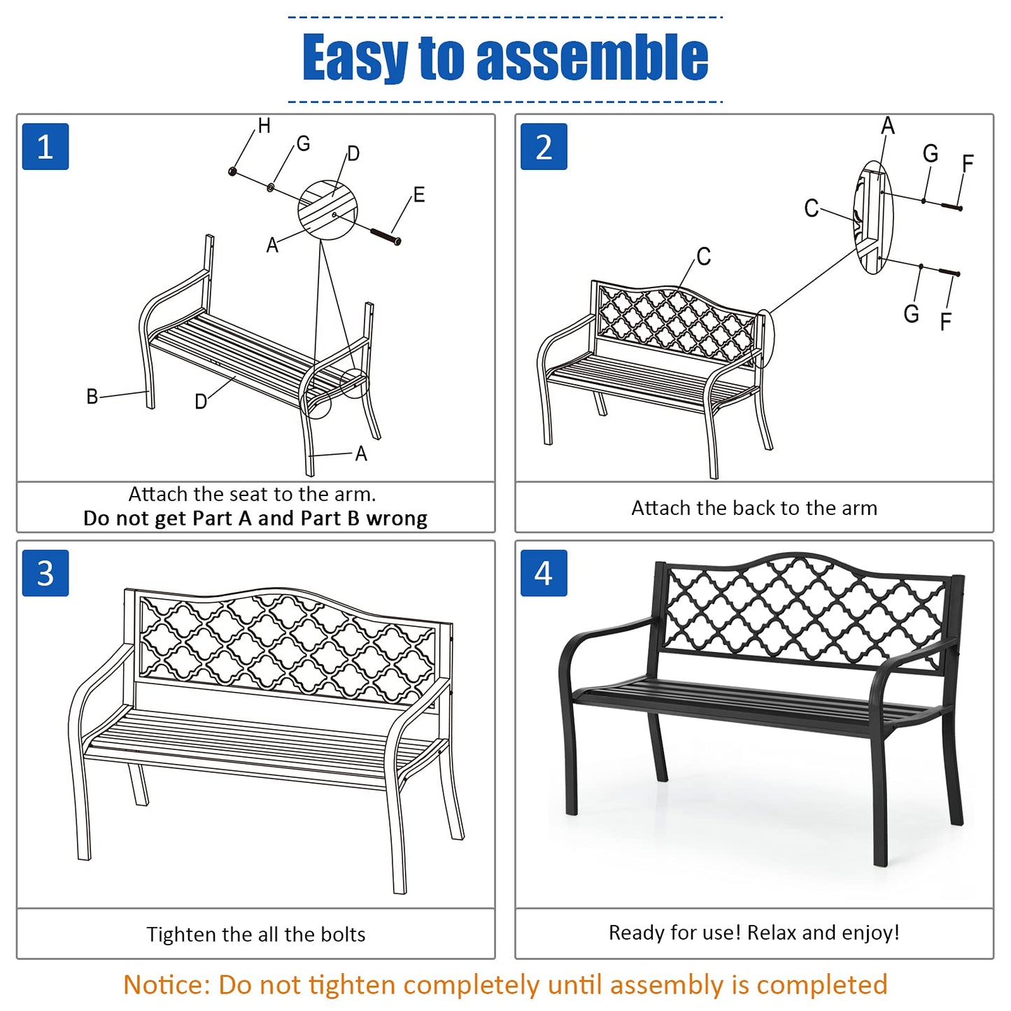 128 x 60 x 87 cm Outdoor Metal Frame Loveseat Park Bench
