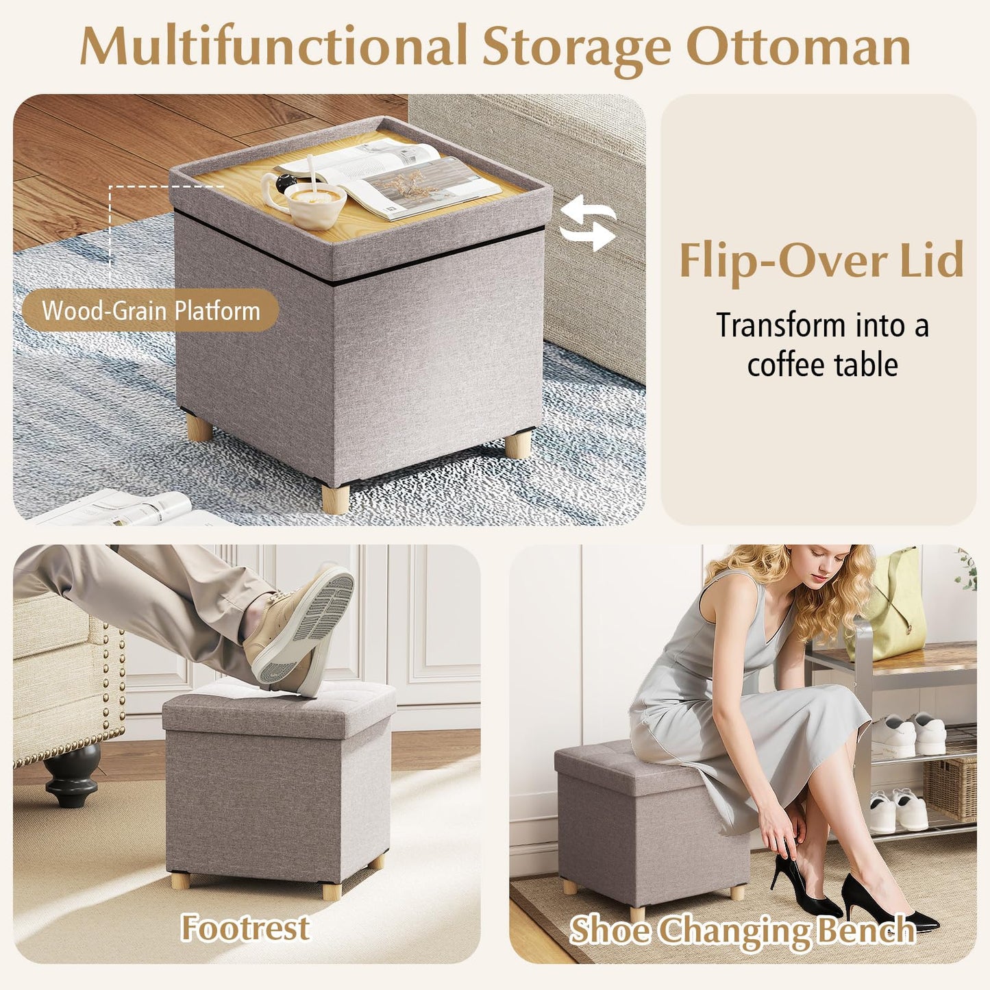 Ottoman with Storage Linen Fabric Footstool with Tray and Rubber Wood Legs