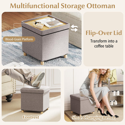 Ottoman with Storage Linen Fabric Footstool with Tray and Rubber Wood Legs