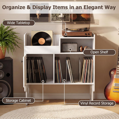 Record Player Stand with Charging Station, End Table with Display Shelves & Door