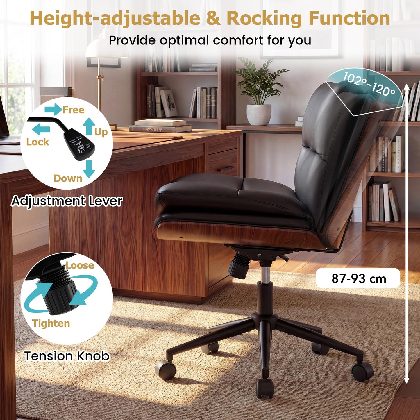 Armless Office Chair with Swivel Wheels & Curved Backrest for Home Office