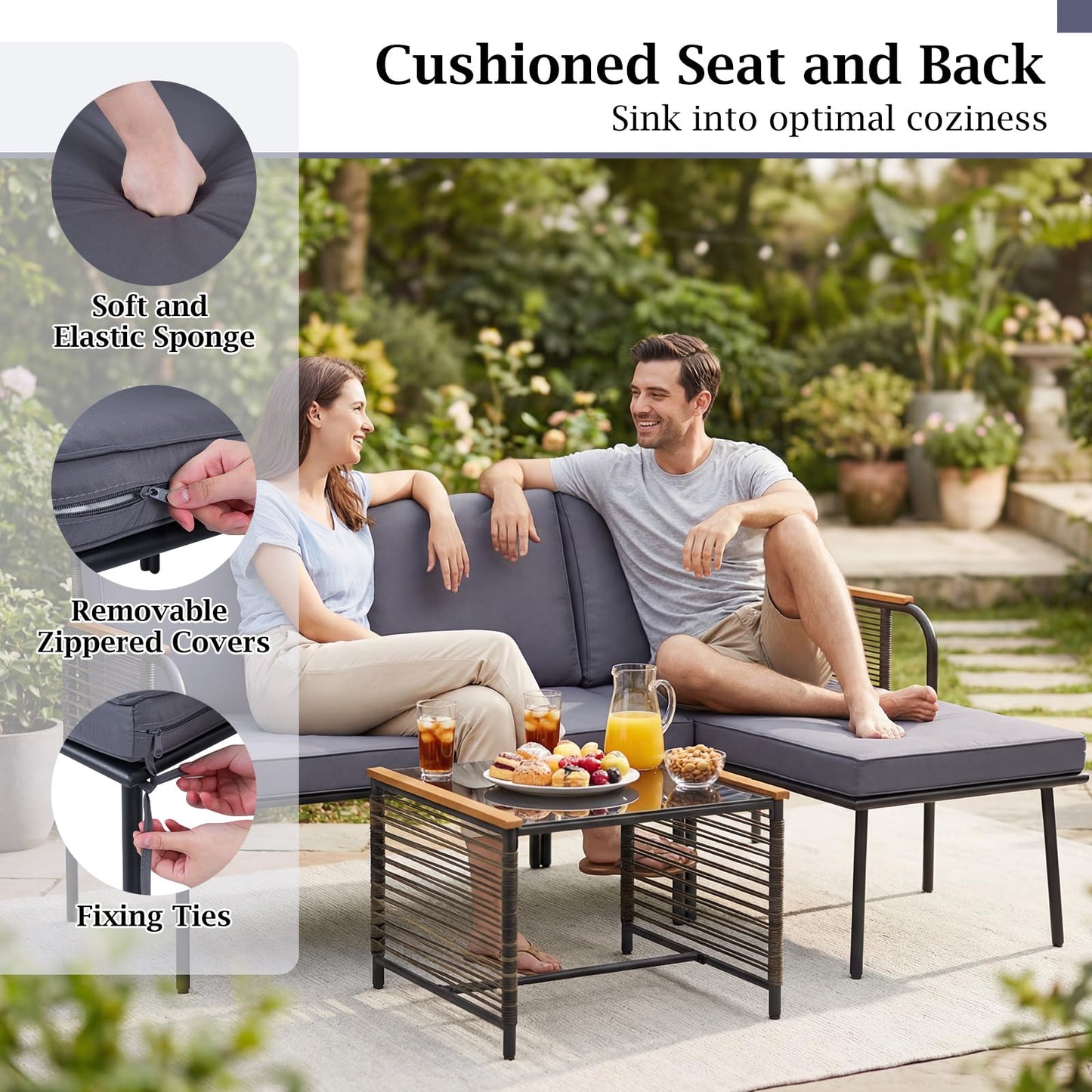 3 Pieces Wicker Furniture Set with Tempered Glass Side Table