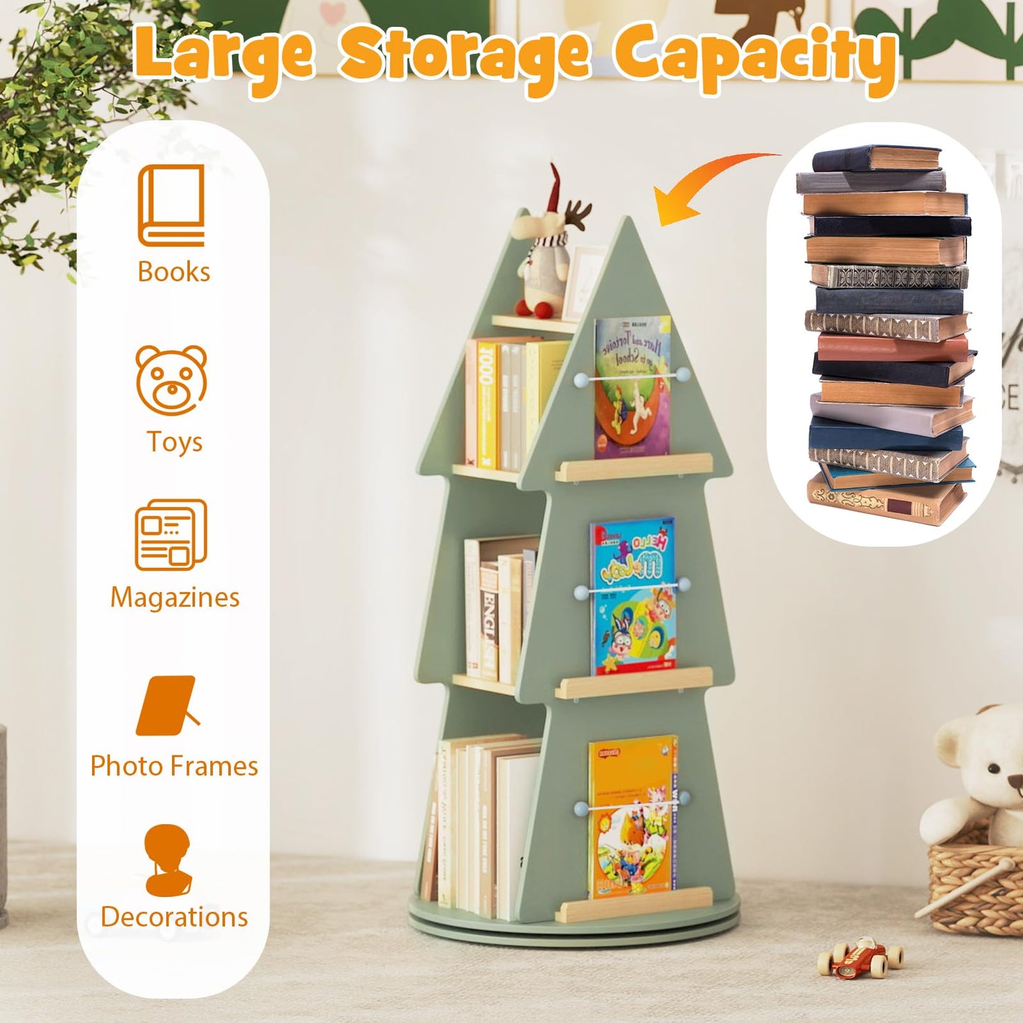 4 Tier 360°Rotating Childrens Bookcase with Side Hooks