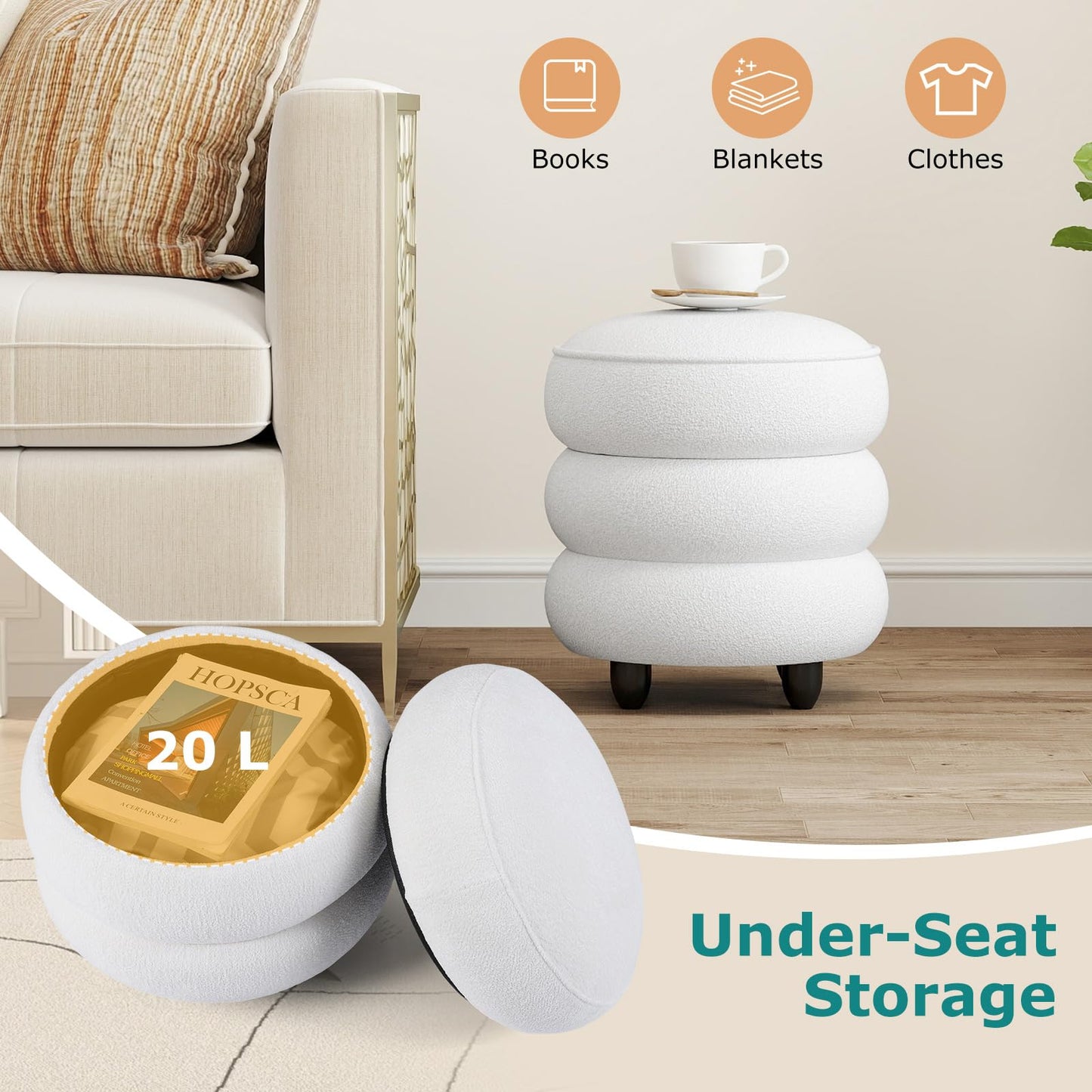 Modern Round Storage Ottoman with Removable Lid and Rubberwood Legs