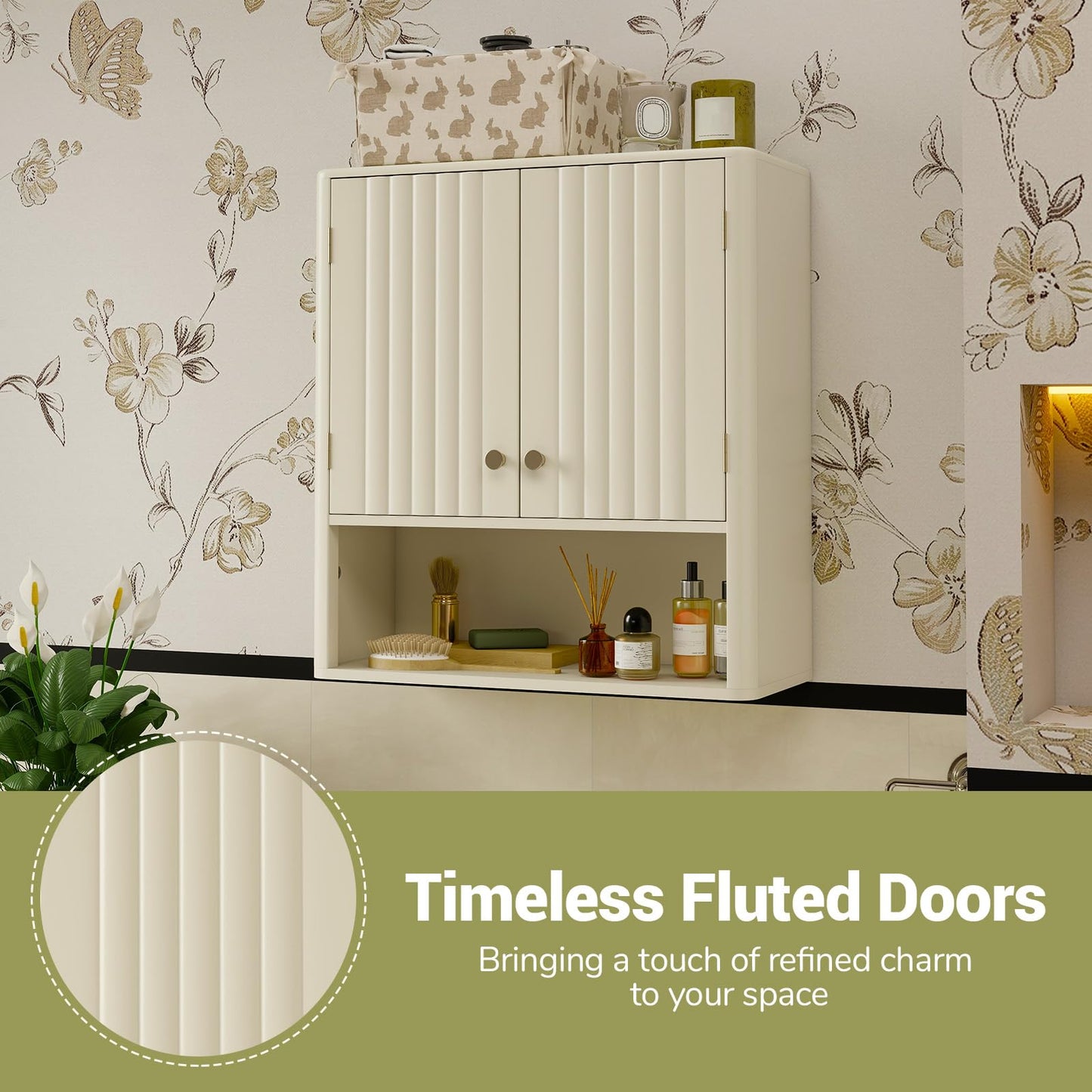 Fluted Bathroom Wall Cabinet Modern Double Door Medicine Cabinet
