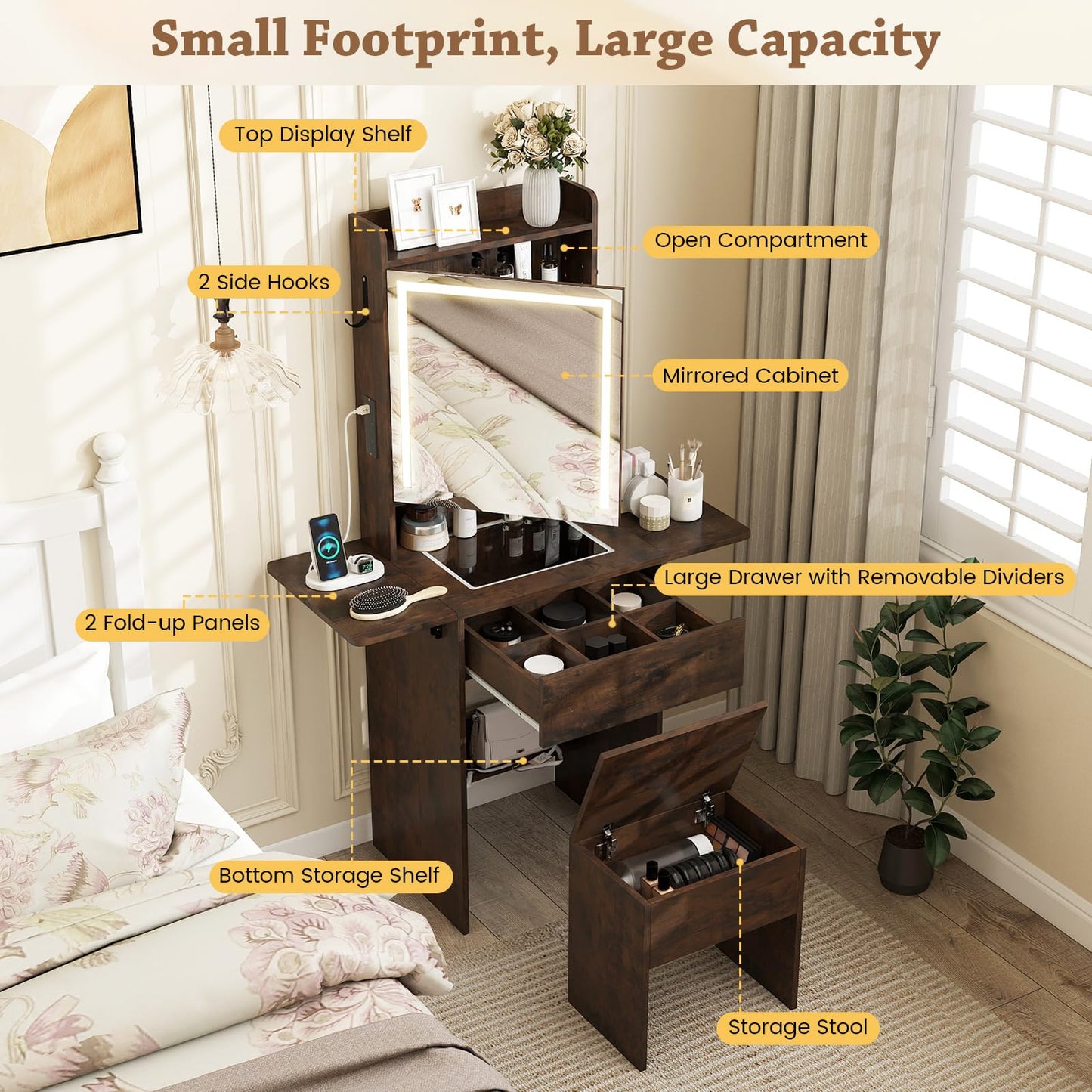 Small Dressing Table with 3-Color LED Lights Mirror and Stool