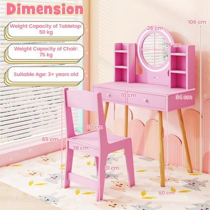Kids Princess Vanity Desk Set with 2 Color LED Lighted Acrylic Mirror
