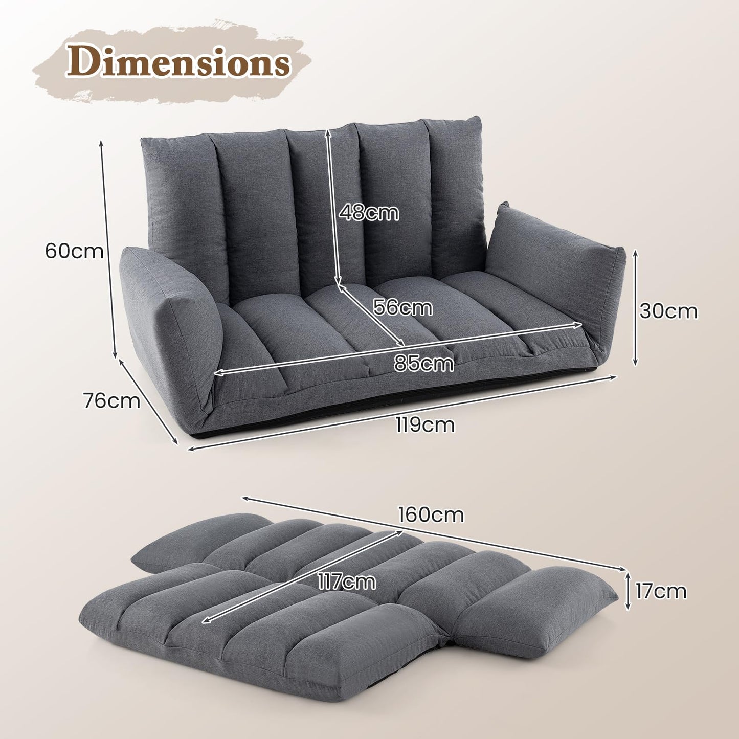 Foldable Floor Sofa with 5-Position Adjustable Backrest and Arms