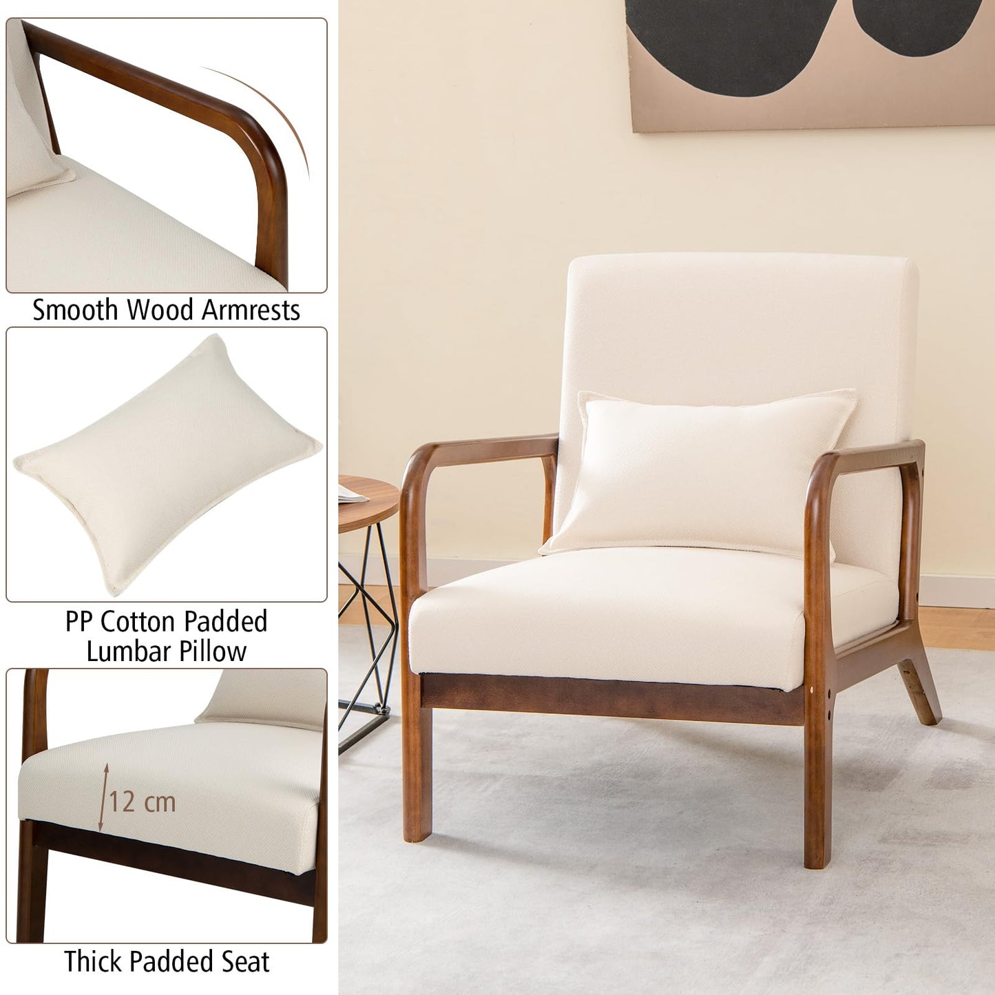 Modern Accent Chair with Lumbar Pillow and Rubber Wood Frame