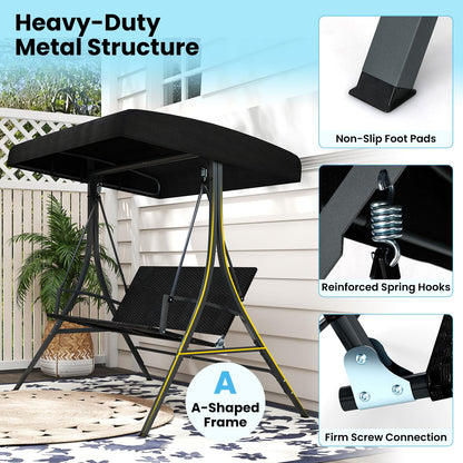 3-Person Porch Swing with Stand Adjustable Canopy Swing with Rattan Seat