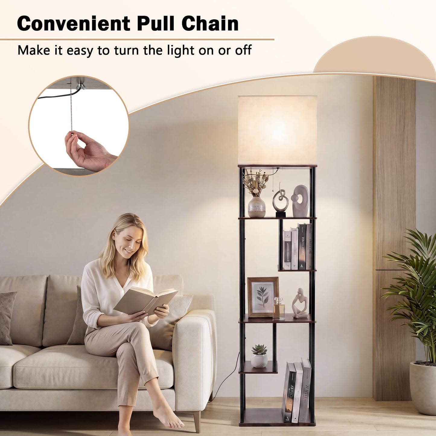 Floor Lamp with Shelves, 5-Tier Tall Standing Lamp with Linen Fabric Shade