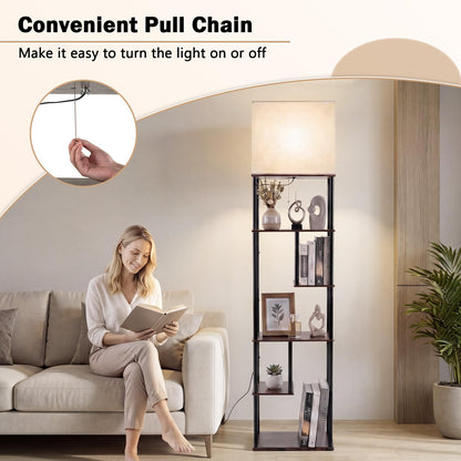 Floor Lamp with Shelves, 5-Tier Tall Standing Lamp with Linen Fabric Shade