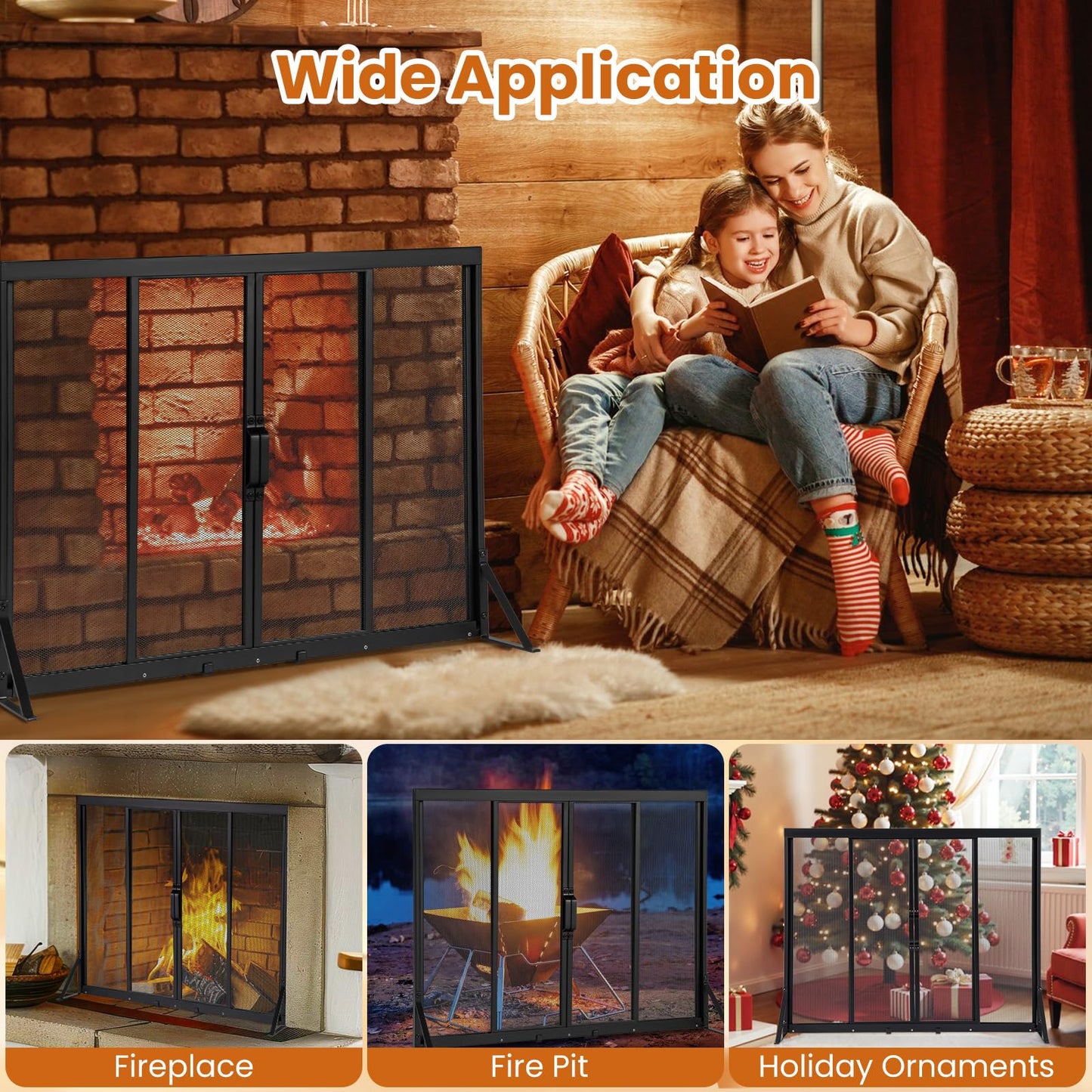 89 x 72 cm Metal Fireplace Screen with Sliding Doors