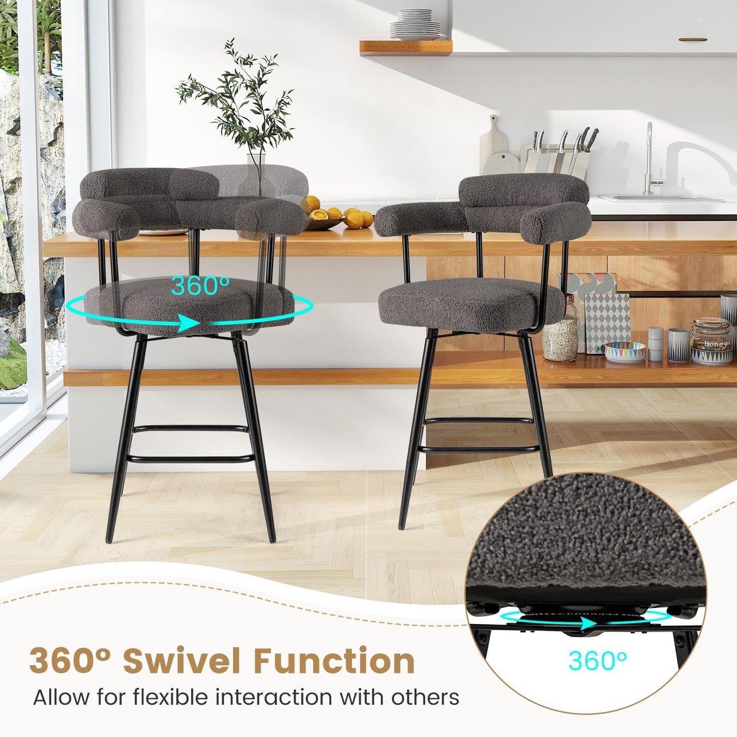 Swivel Bar Stool Set of 2 Counter Height Chairs with Curved Back
