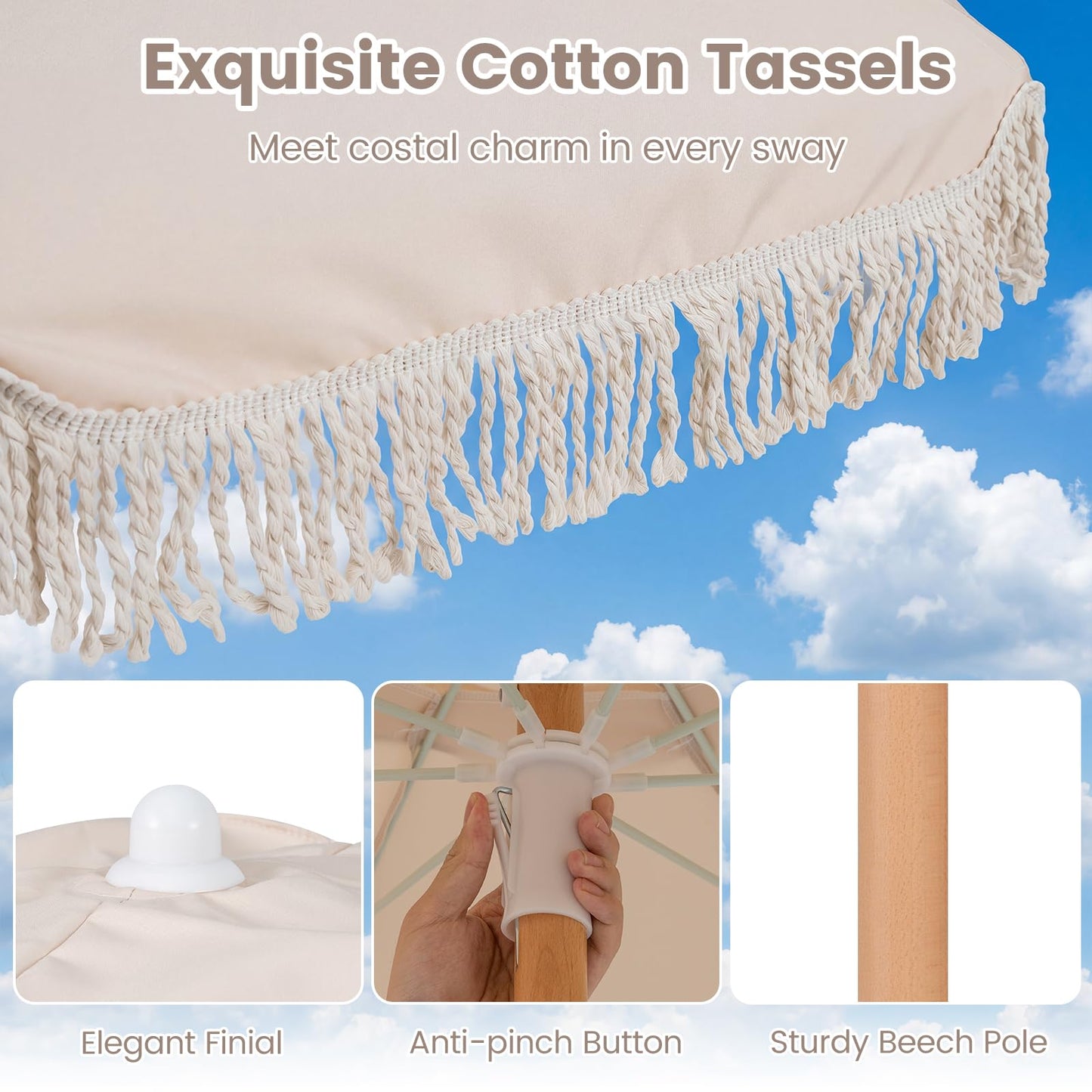 Beach Parasols with Fringe, UPF50+ Sun Protection Sunshade Shelter