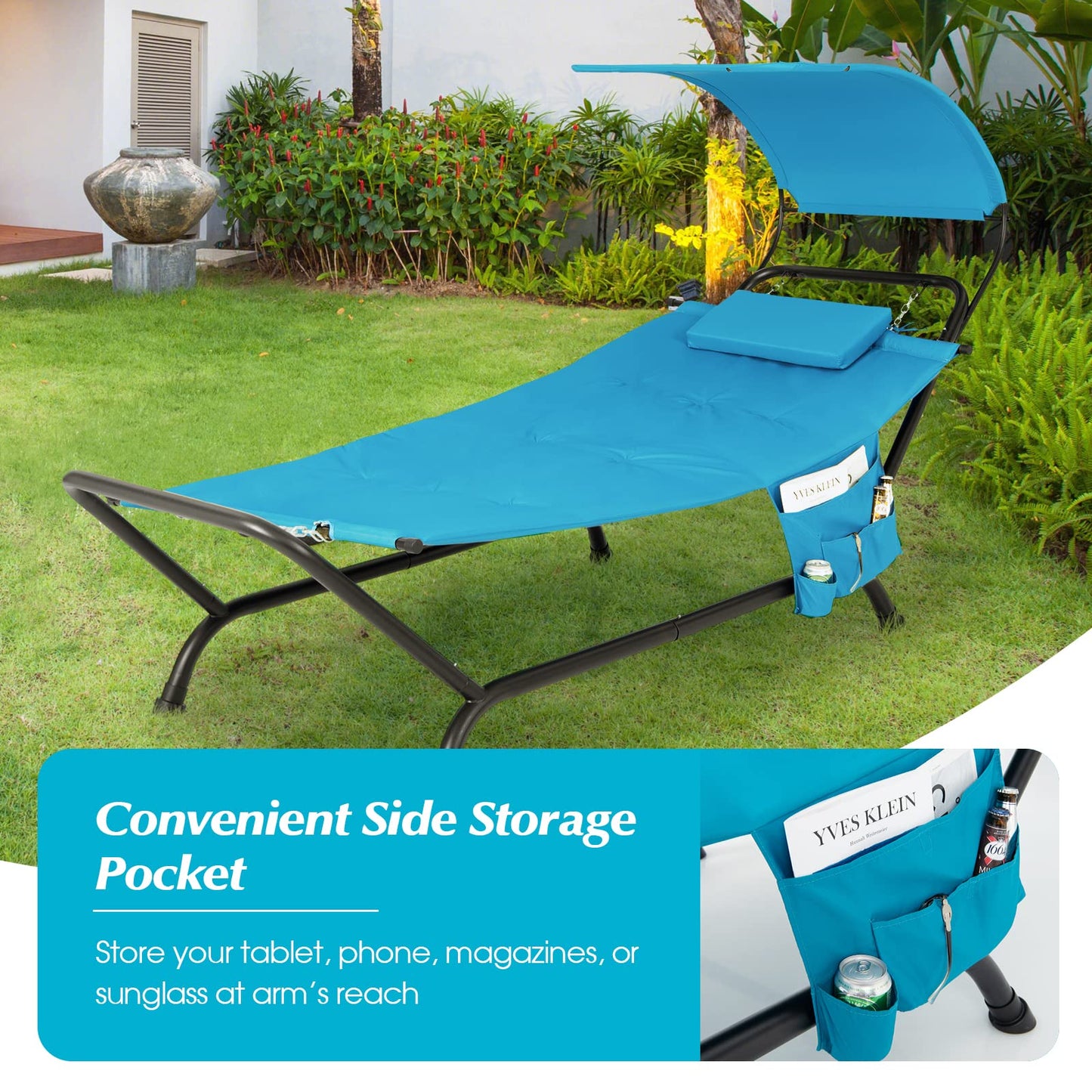 Outdoor Hammock with Stand Cushion and Canopy for Garden Lawn