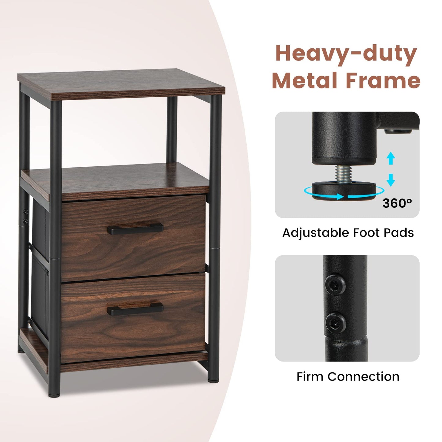 Metal Frame Bedside Table with Open Shelf and 2 Drawers