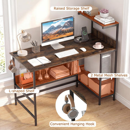 122.5 CM Computer Desk with Power Outlets & Storage Shelves and Headphone Hook for Working