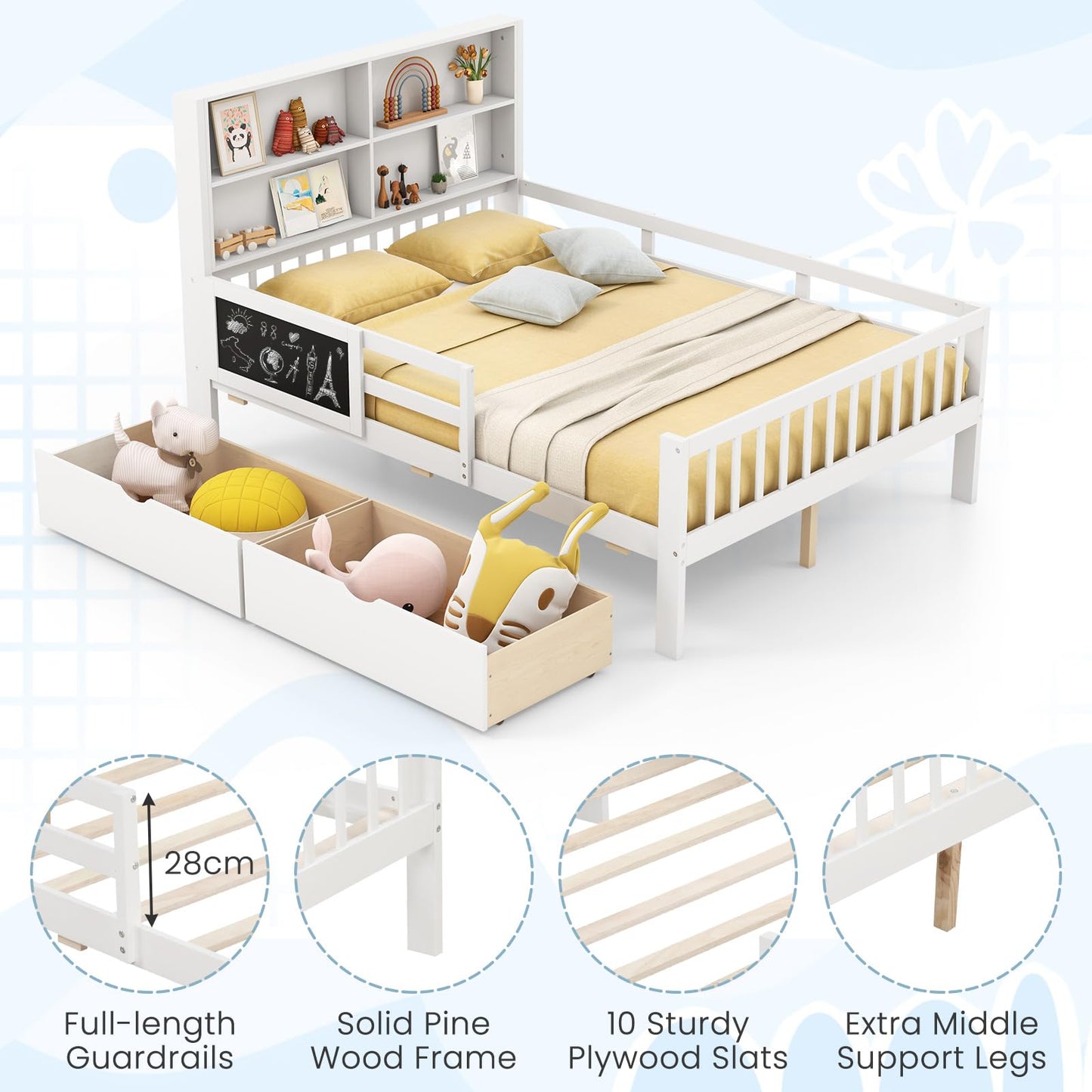 Single/Double Size Bed Frame with 2 Storage Drawers White