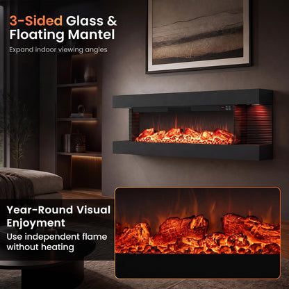 50” 3-Sided Electric Fireplace with Mantel & WiFi Smart Control