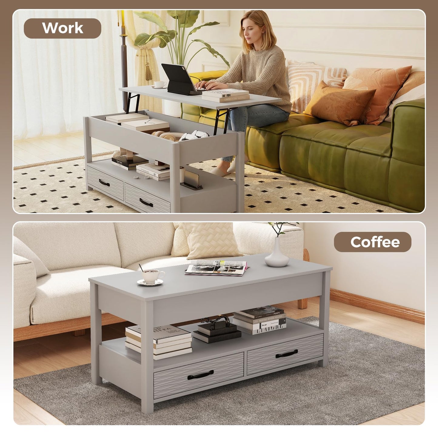 Lift Up Top Coffee Table, Wooden Lifting Cocktail Center Table with Hidden Storage Compartment