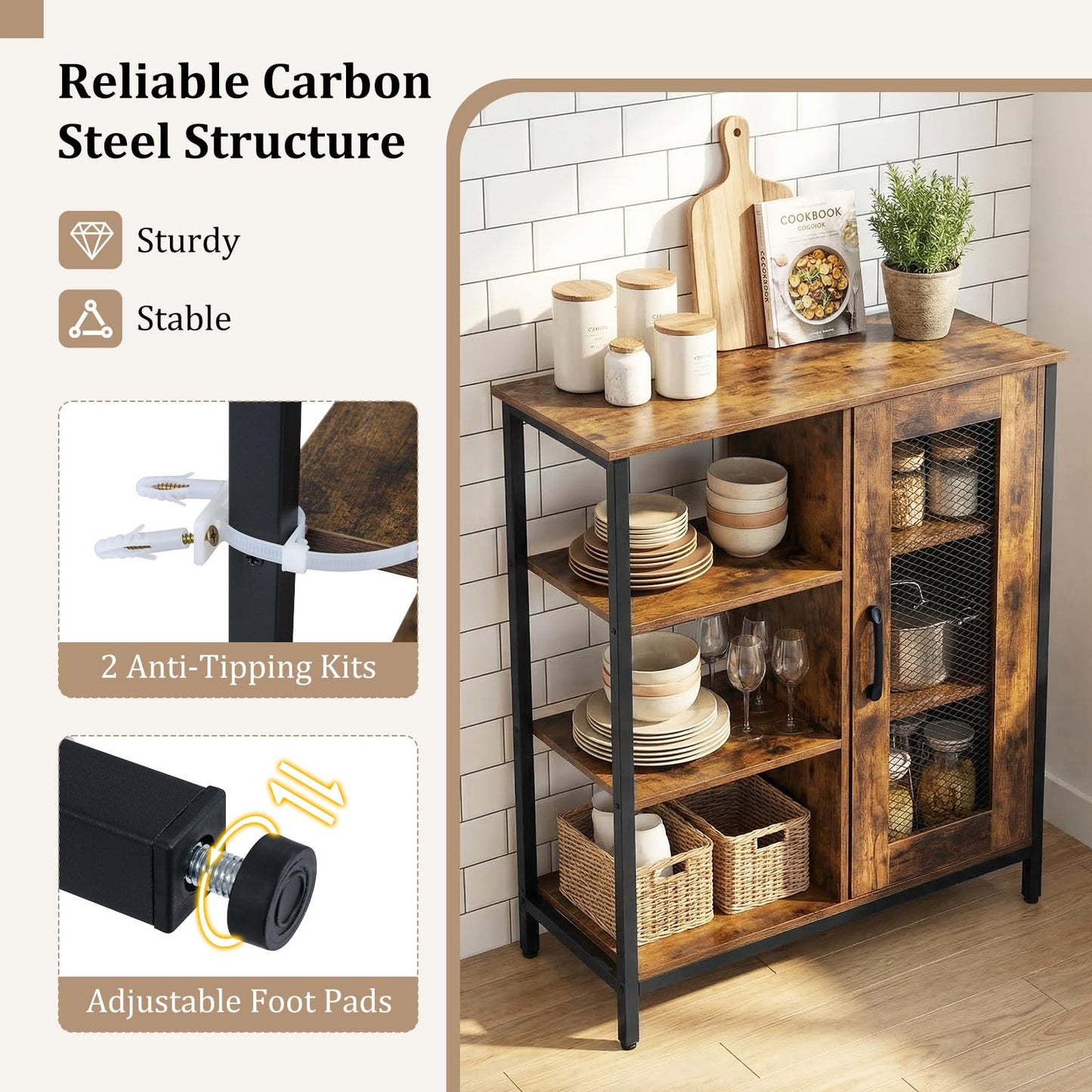 Industrial Storage Cabinet, Wooden Buffet Sideboard with Doors, Adjustable Shelves