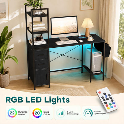 145cm Computer Desk with LED Lights and Power Outlets