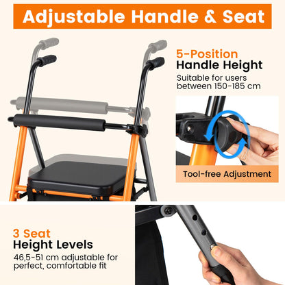 Adjustable Height Folding Lightweight Rollator Walker with Backrest