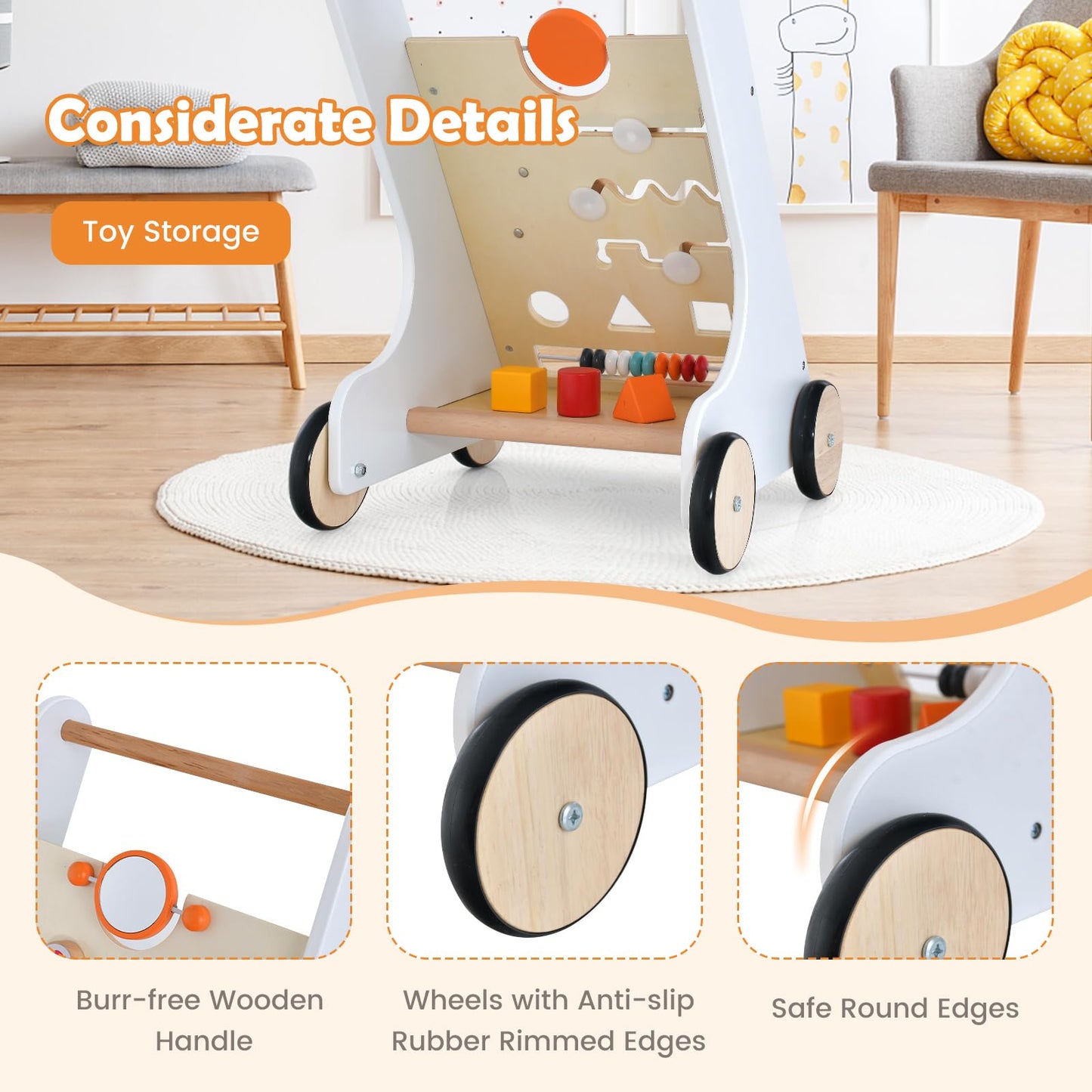 Toddler Push Walker with Handle & Rubber Wheels