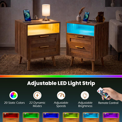 Rattan Bedside Table with Charging Station and LED Lights