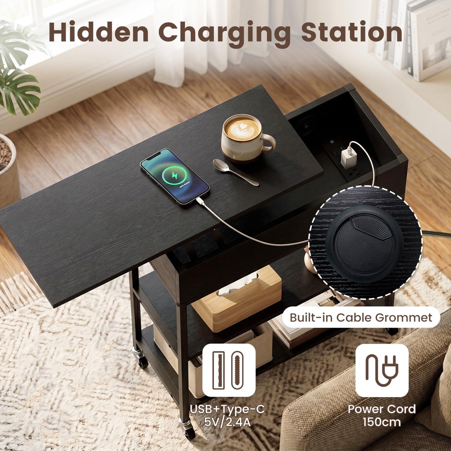 Rolling Lift Top End Table with Charging Station & Hidden Compartment for Living Room