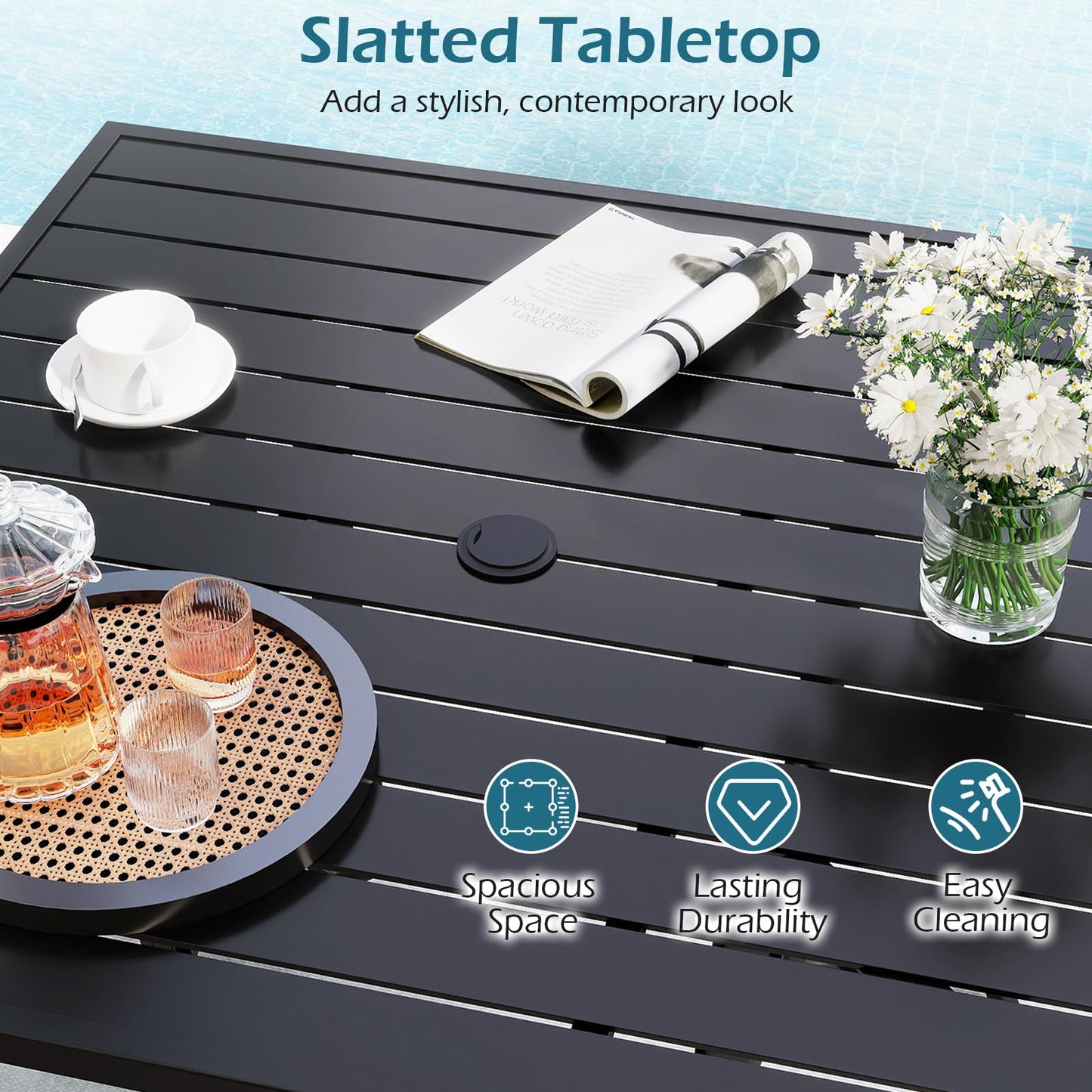 91CM Square Patio Table for 4 Outdoor Metal Dining Table with Umbrella Hole
