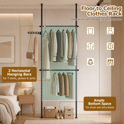 Adjustable Floor to Ceiling Clothes Rack with Double Rods & Folding Drying Rack for Laundry