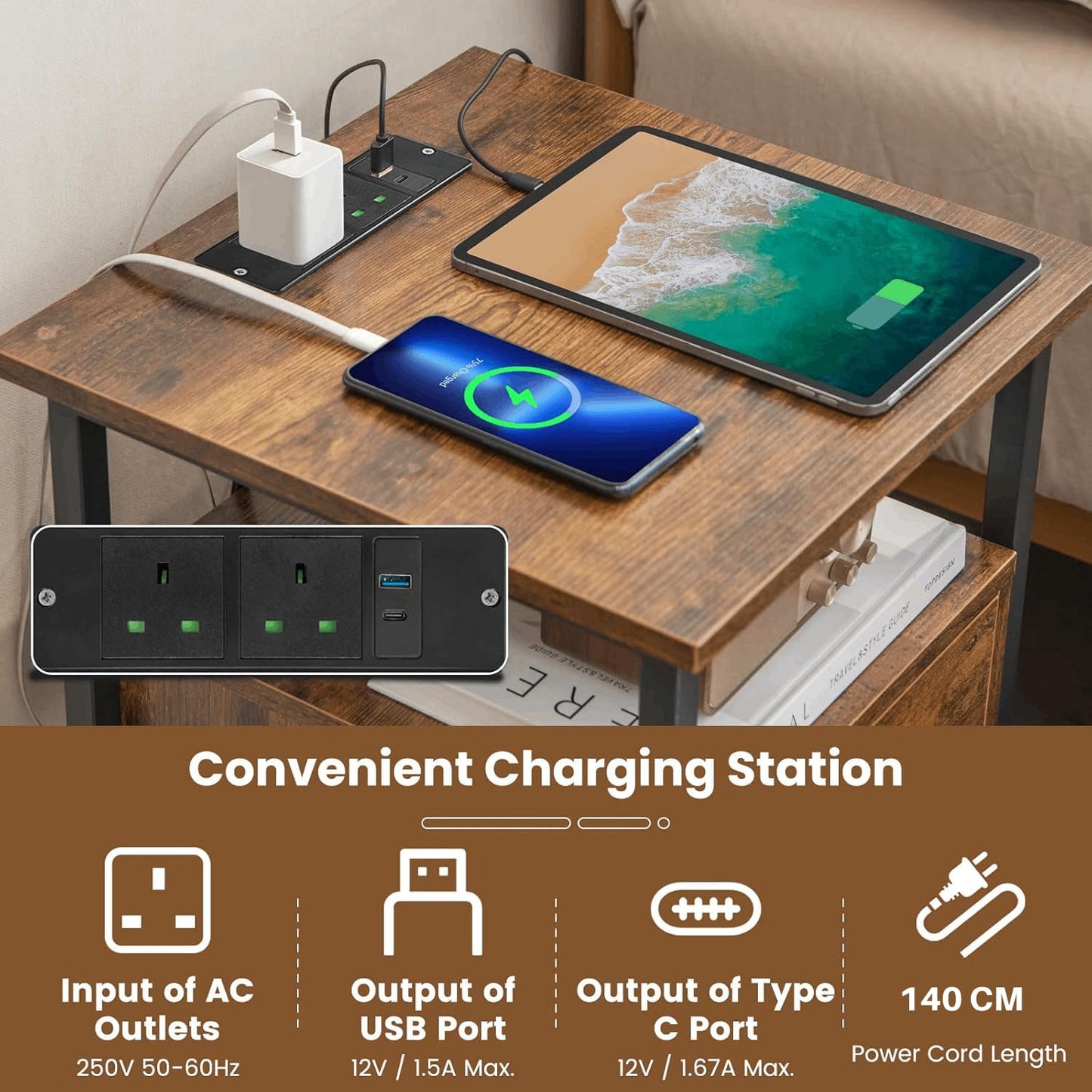 3-Tier Nightstand with Charging Station Open Shelves and Drawer