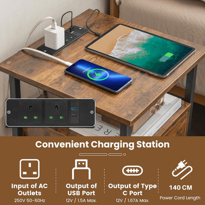 3-Tier Nightstand with Charging Station Open Shelves and Drawer