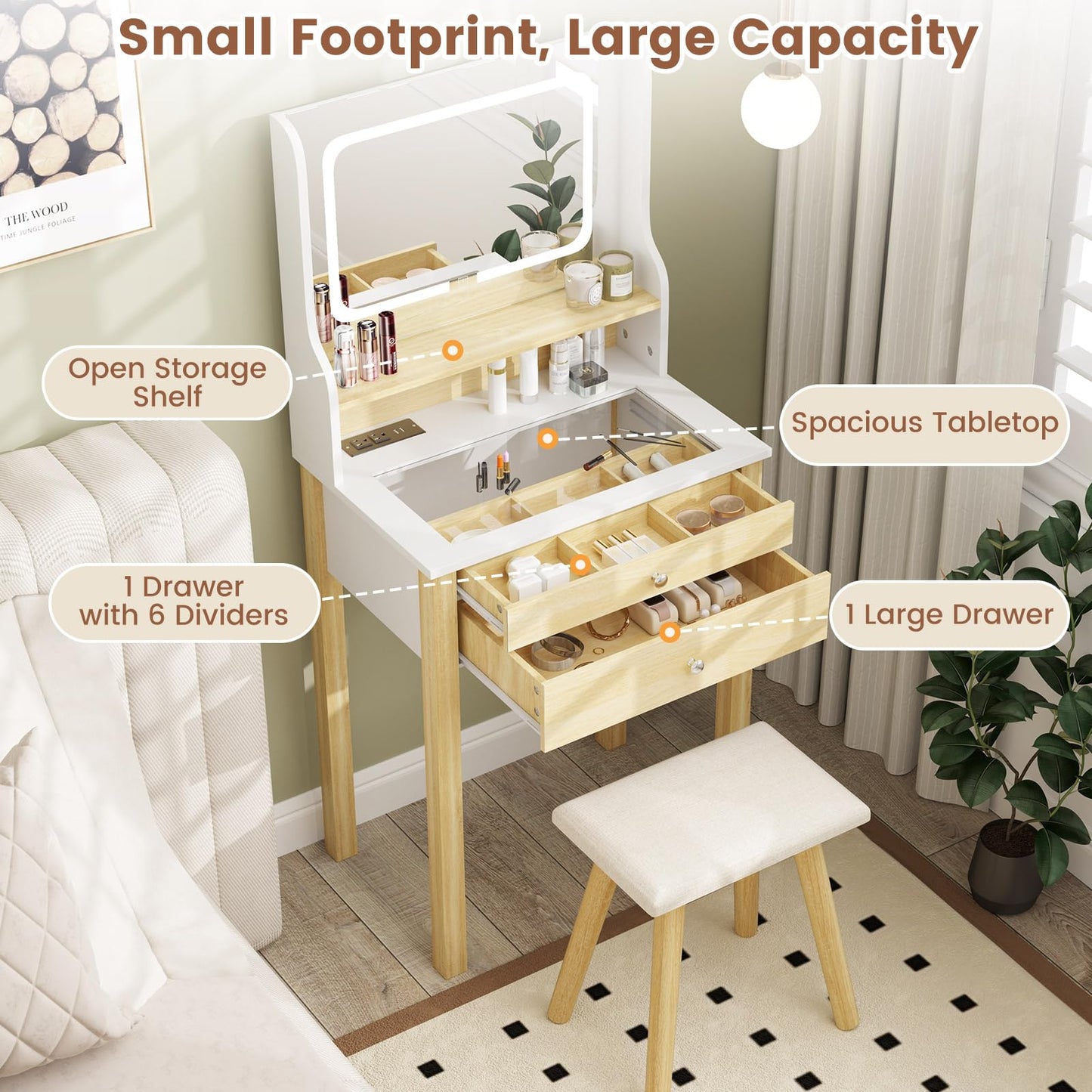 Vanity Desk with Mirror and Lights Small Makeup Table with 3 Light Modes