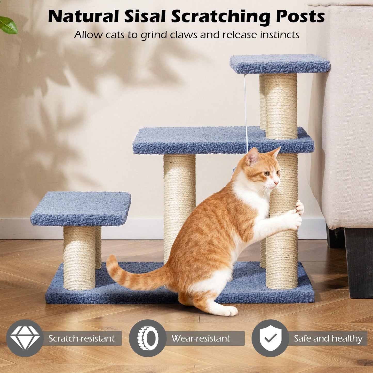 Cat Stairs, 3-Step Pet Easy Climb Ladder with Sisal Scratching Posts