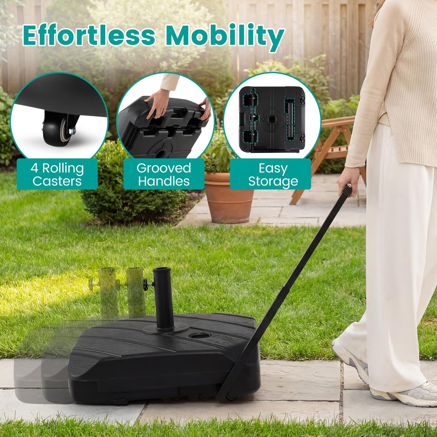 Mobile Parasol Base, 59kg/90kg Water & Sand Fillable Patio Parasol Stand