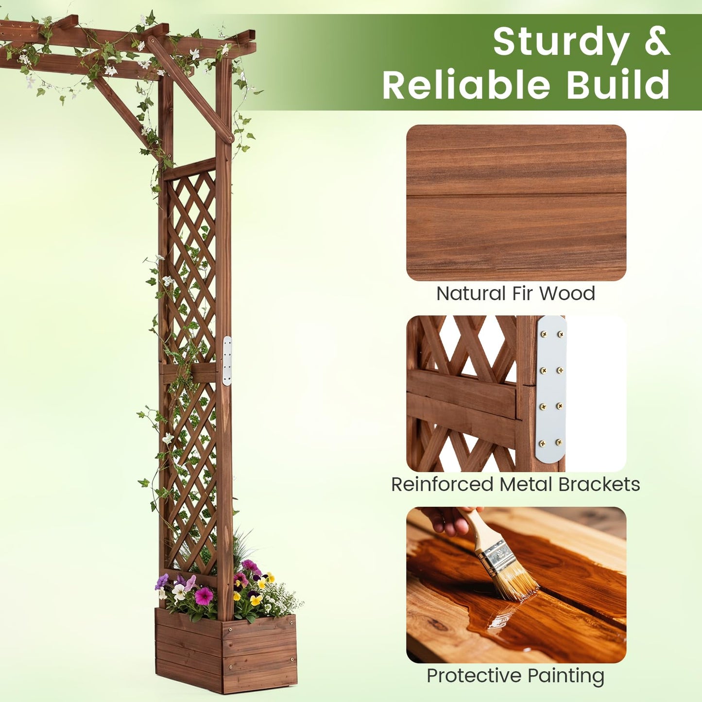 220cm Wooden Garden Arch with Planter Boxes & Hanging Roof