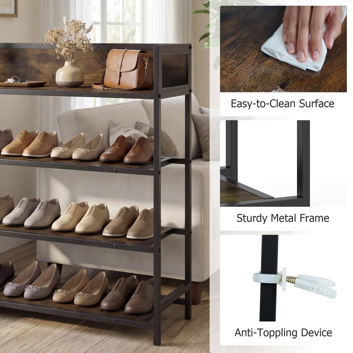 4-Tier Shoe Rack, Freestanding Narrow Shoes Shelf Stand with Anti-Fall Barrier