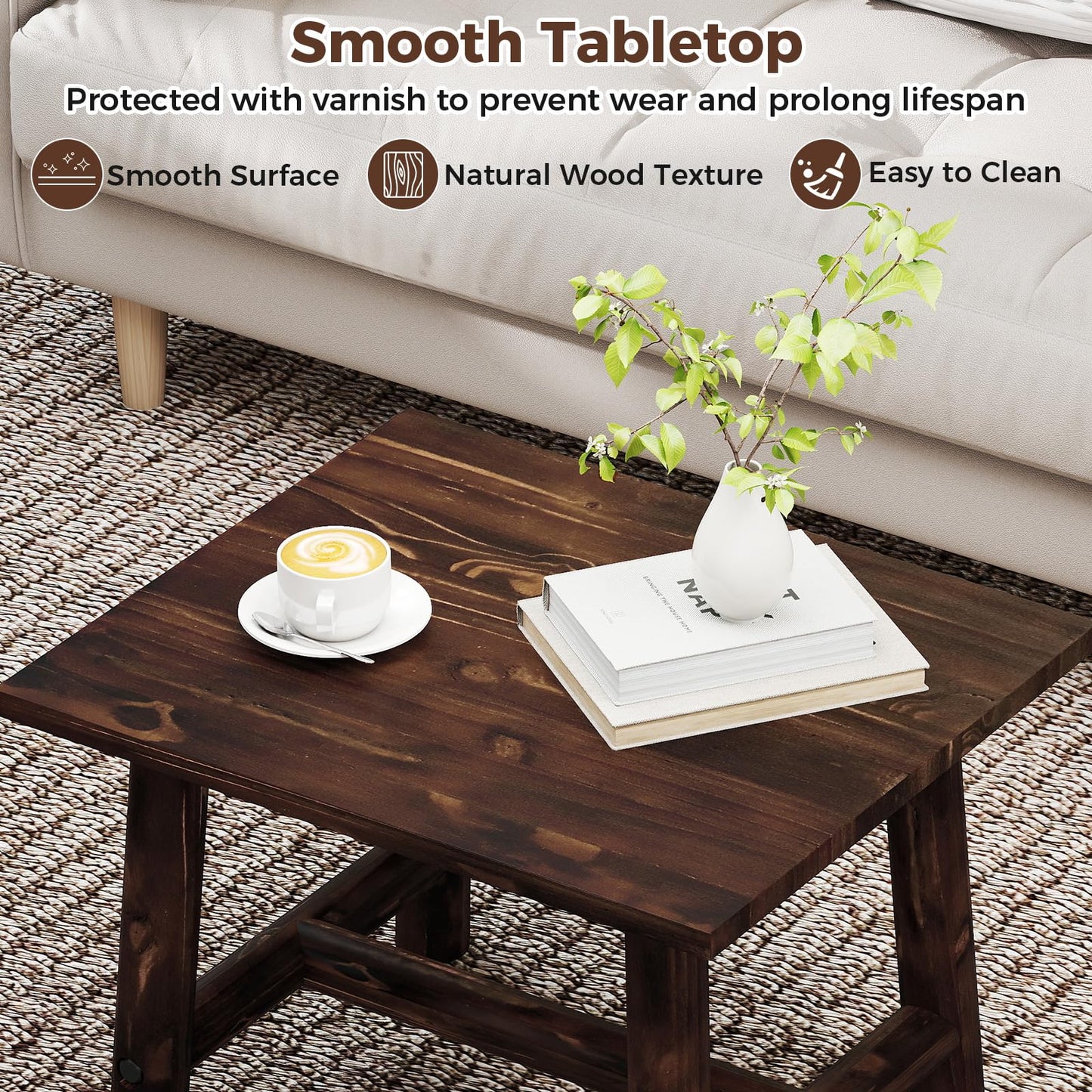 Solid Wood Small Outdoor Coffee Table with Reinforced Crossbar