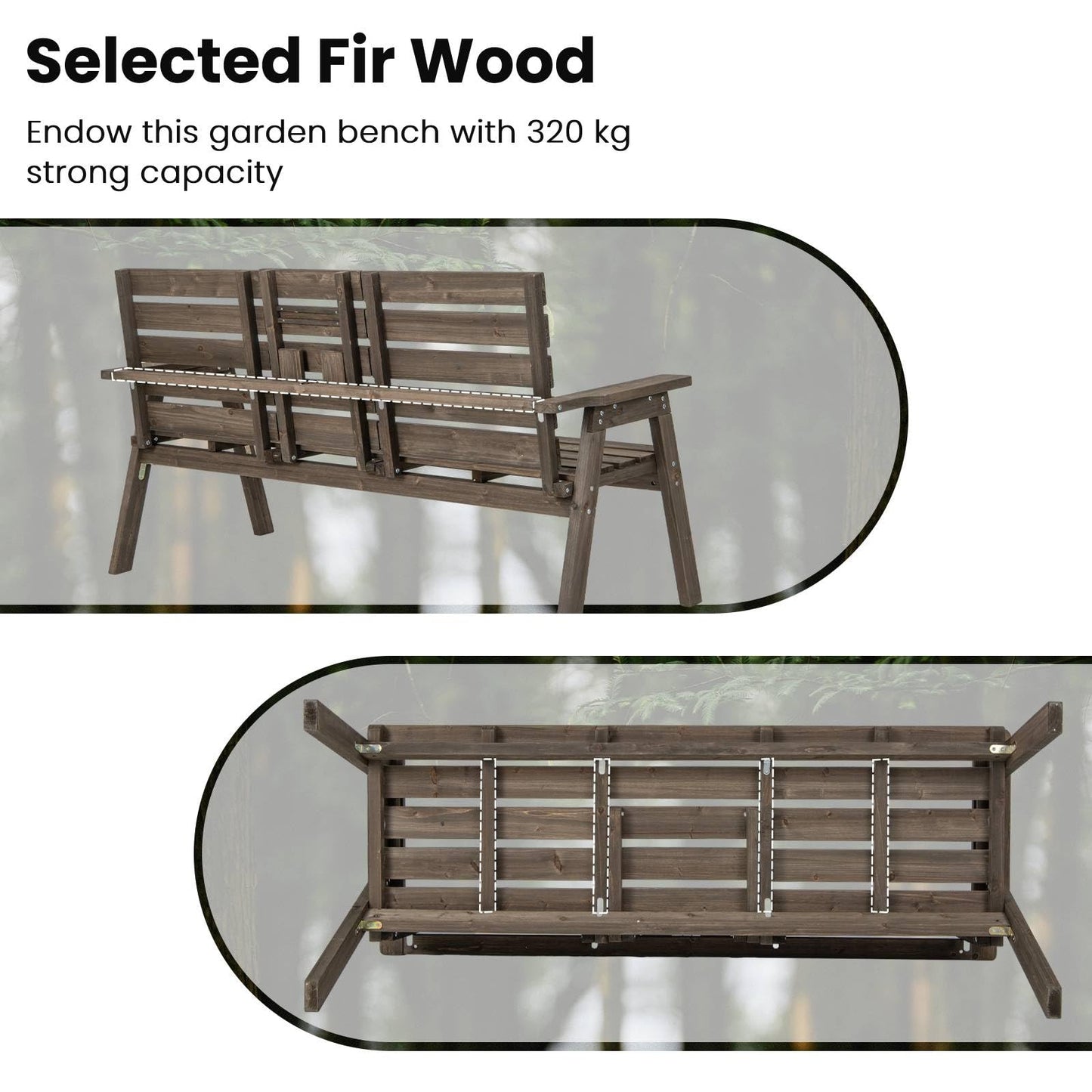 Fir Wood Patio Park Bench Slatted Seat with Foldable Middle Table for 2-3 Person