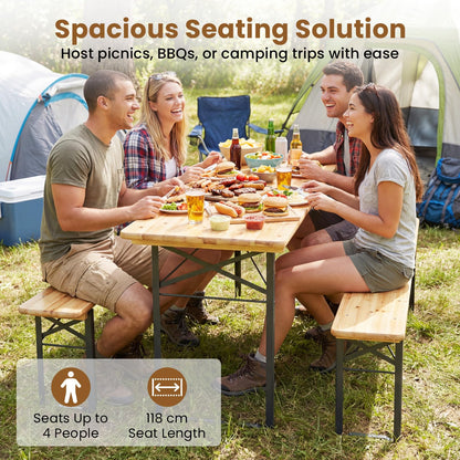 3 Piece Folding Picnic Table and Bench Set, Wooden Portable Camping Trestle Table Chairs