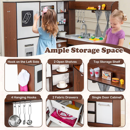 Kids Wooden Corner Play Kitchen with Lighted Range Hood and Stoves