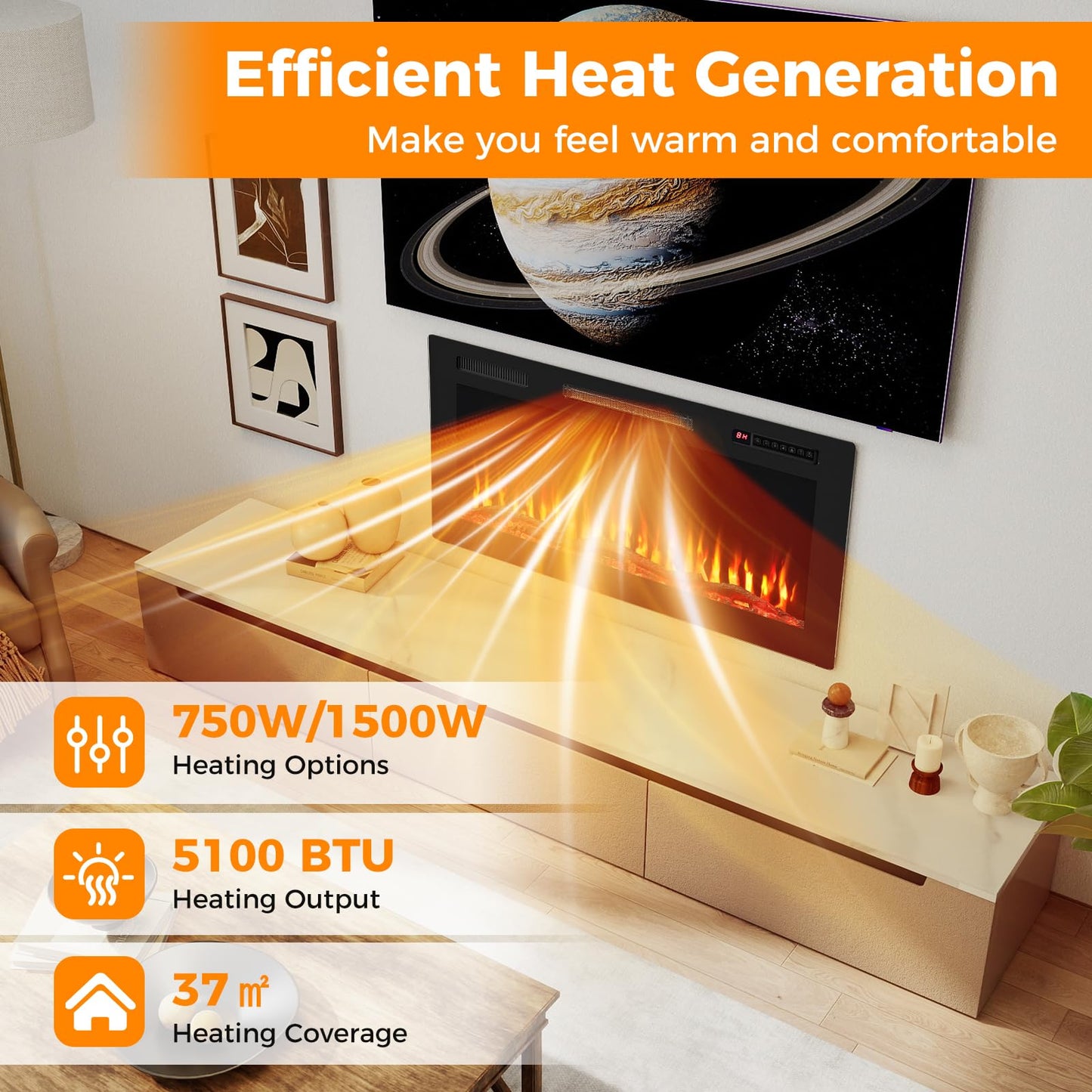 91cm Electric Fireplace with Remote and Multicolour Flame