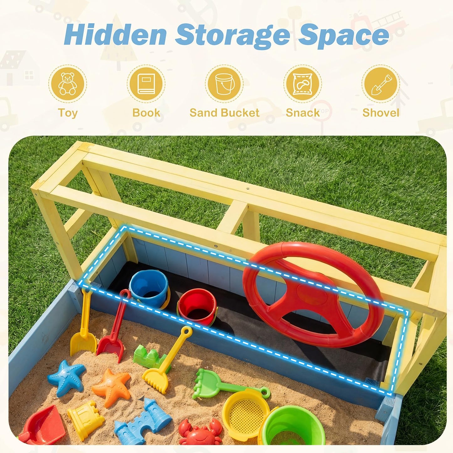 Kids Wooden Sandbox Large Car-Theme Sand Box with Bottom Liner Frame