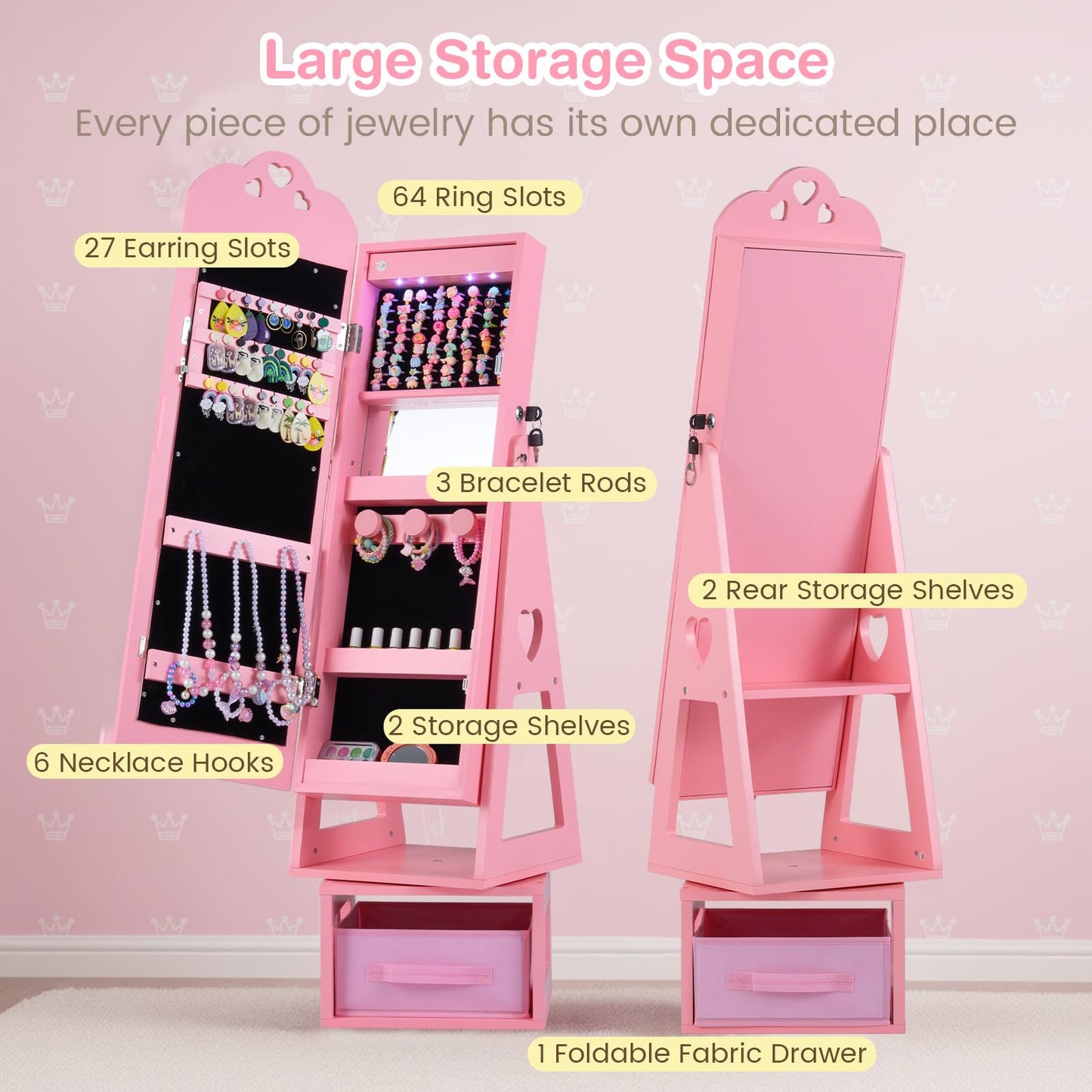 Swivel Kids Jewelry Cabinet with Full-Length Mirror and Lights